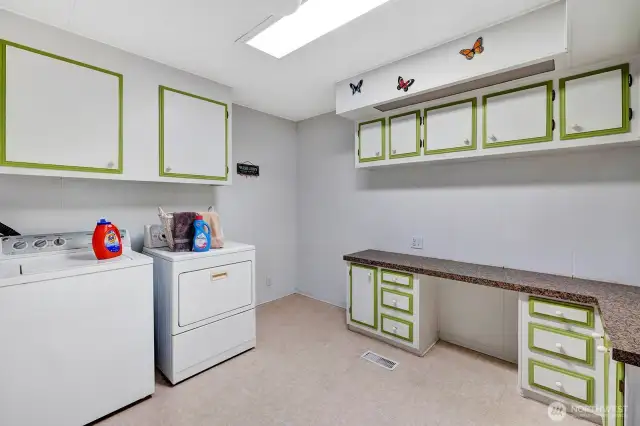 HUGE utility room. Counters for folding laundry. Space for chair and the sewing machine for all the mending etc. Room for freezer in corner. Broom closet for vacuums, swifter's etc.