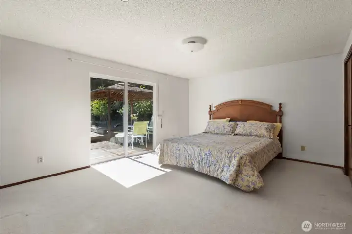 Large primary bedroom with updated vinyl slider to the back deck.