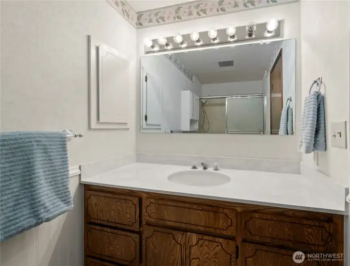 Guest bathroom with newer corian countertop and solid surface bathtub surround.