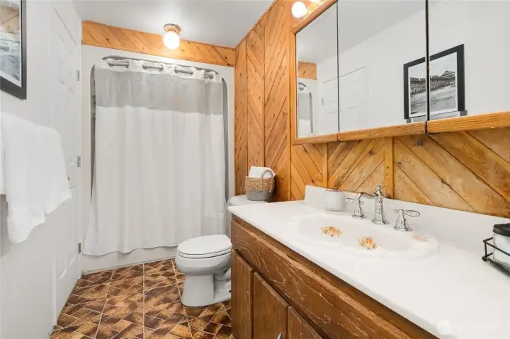 Full hallway bathroom with natural wood accents.