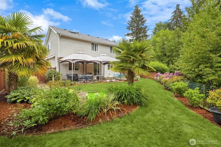 Beautifully landscaped backyard.