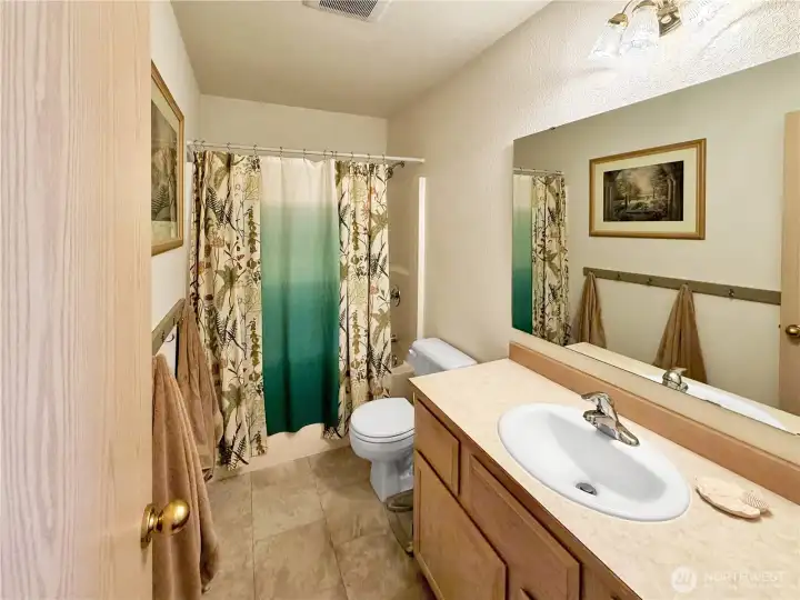 Hall bath with updated sink and fixtures and laminate flooring.
