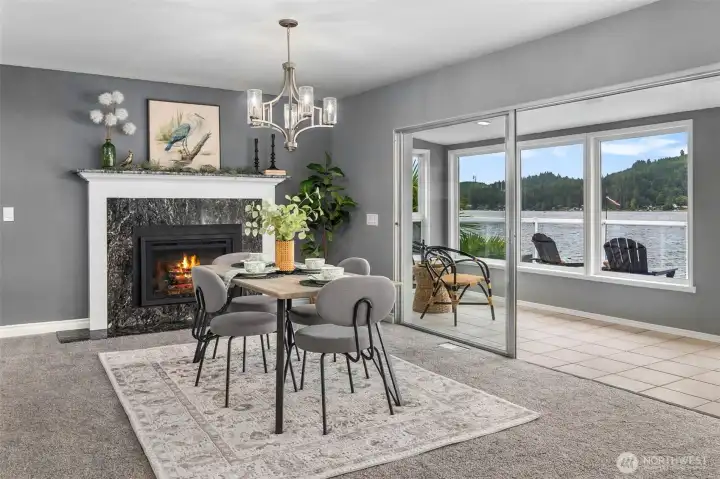 Waterfront Dining with Cozy Fireplace