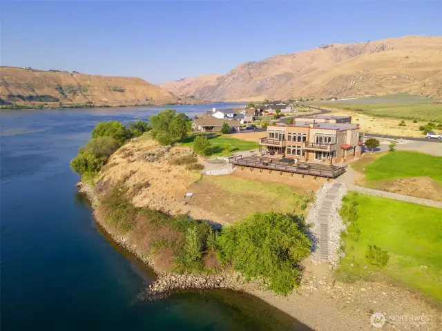 Aerial view with steps to waterfront.