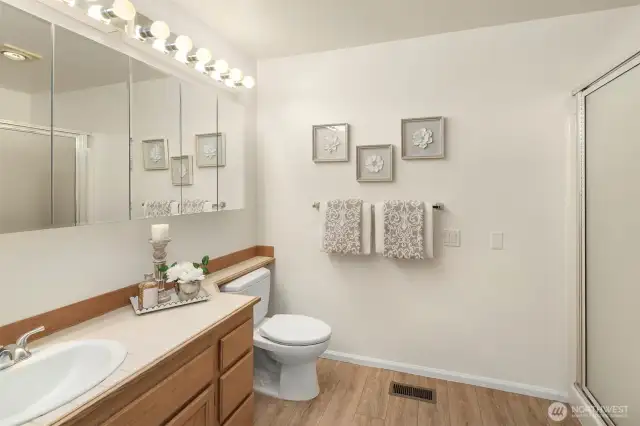 Primary bathroom with step in shower.