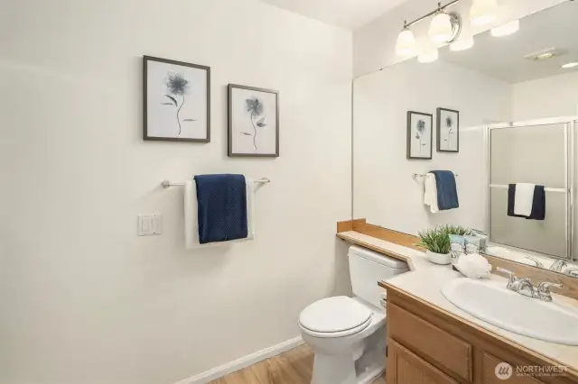 Hall bath with bath tub.