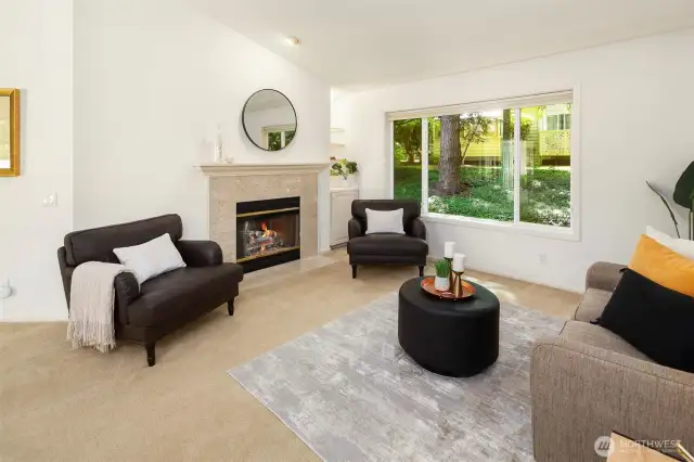 Lovely gas fire place with built in display and storage cabinet.
