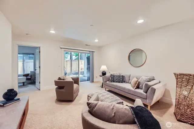 Lower level media room / bonus room. Great for watching movies, playing games and hanging out. Slider leads to covered patio, small yard and storage shed.