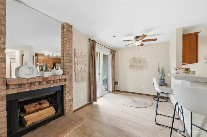 Brick fireplace adds warmth and character