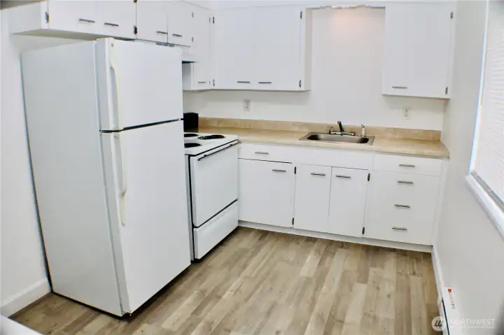 The kitchens have ample cabinets and countertops