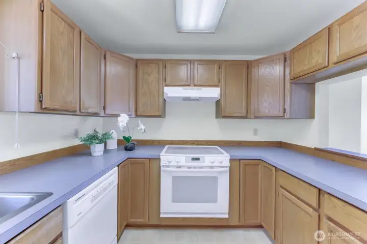 The U shape kitchen design gives plenty of counter space and has an open view into the living room.