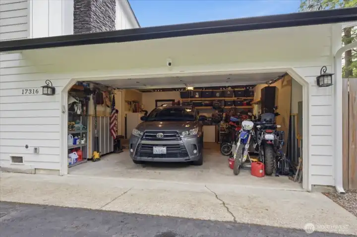 The 2-car garage has access directly in the family room as well as the back yard.