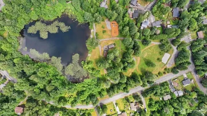 Aerial view of the park showing the stocked lake