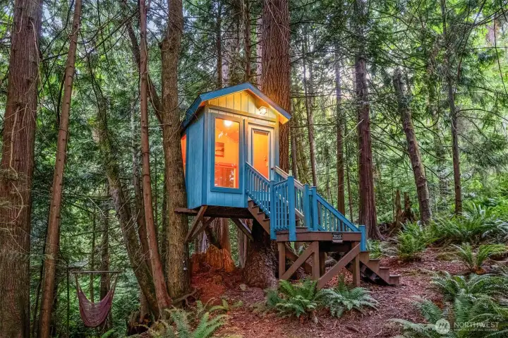 The insulated and heated treehouse is tucked into the forest and designed for year-round use as a quiet retreat, creative space, or place for kids and guests to escape into the woods. It's connected to a network of trails, gathering spaces, camping areas, and other features woven throughout the property's forested acreage. The insulated and heated treehouse is tucked into the forest and designed for year-round use as a quiet retreat, creative space, or place for kids and guests to escape into the woods. It's connected to a network of trails, gathering spaces, camping areas, and other features woven throughout the property's forested acreage.