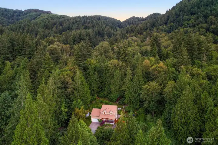 This aerial view illustrates one of Forest Haven's most unique attributes: the home sits within a private clearing surrounded by forest that is largely under the owner's control. The three additional forested lots were acquired to preserve privacy, protect the natural setting, and create a buffer that's increasingly difficult to find in a residential property. This aerial view illustrates one of Forest Haven's most unique attributes: the home sits within a private clearing surrounded by forest that is largely under the owner's control. The three additional forested lots were acquired to preserve privacy, protect the natural setting, and create a buffer that's increasingly difficult to find in a residential property.