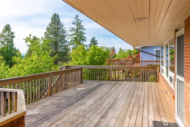 The back deck is large enough for all your BBQ and entertaining needs! It needs staining, but is in good shape otherwise.