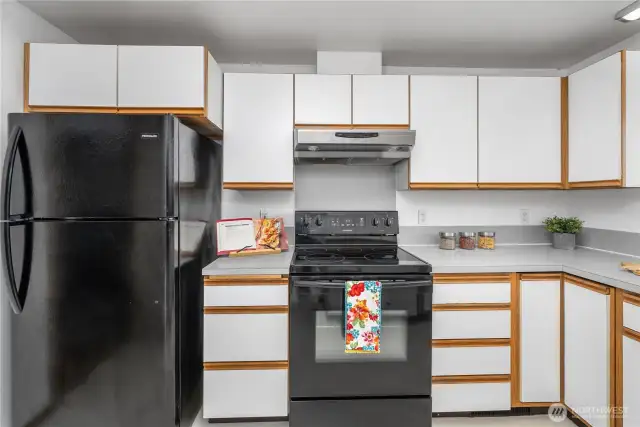 Efficient kitchen has a lot of cabinets and enough counters for your cooking needs.