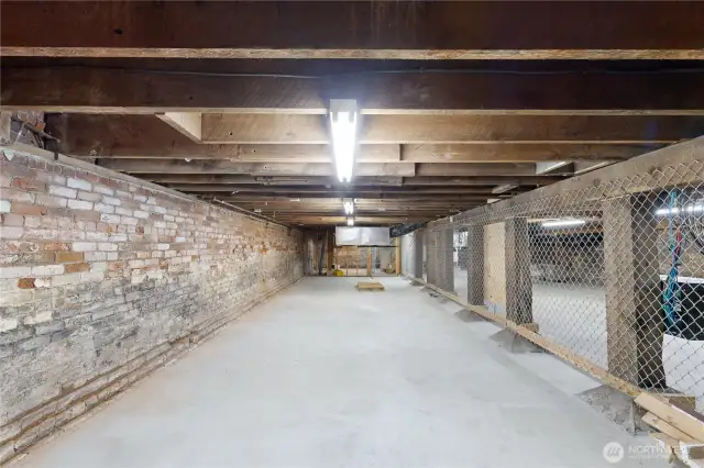 Clean, functional basement with exposed brick wall & ample storage areas