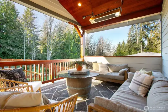 Covered deck with built-in gas heat.
