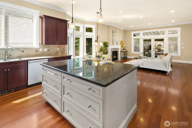Dream kitchen boasts high-end appliances, including a Bosch refrigerator and dishwasher. Features include a stylish tiled backsplash, glass pantry door, spacious central island with cabinetry, slab granite countertops, and an elegant breakfast nook that flows from the family room to the outdoor retreat. Abundant natural light completes the space.