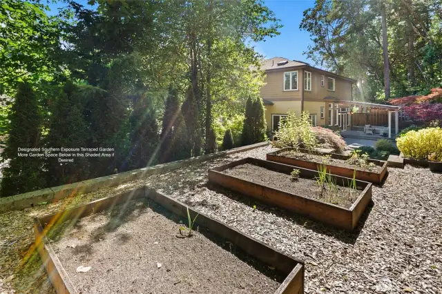 Terraced garden with sun-filled vegetable beds and potential to expand—just trim or remove the small trees below to create even more growing space or for other purposes.