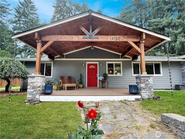 Timber-framed front porch with maintenance-free Trex decking