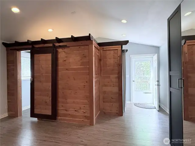 Upstairs studio apartment entrance. Bathroom on the left.