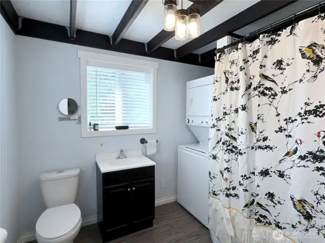 Comfortably sized bathroom with laundry