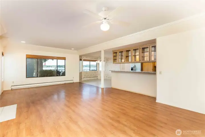 View from family room to kitchen and dining room.