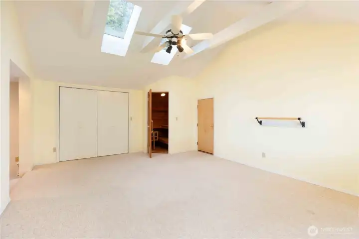 Bonus room with Sauna, skylights, and more views!  This could easily become a second primary suite!  Previously used as home gym.  Small door to right leads to walk-in attic storage.
