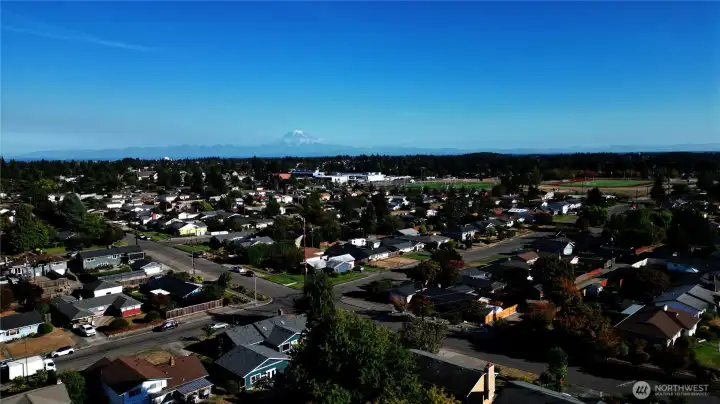 awesome drone from alley showing Mt Rainier view, the Mt is breathtaking...