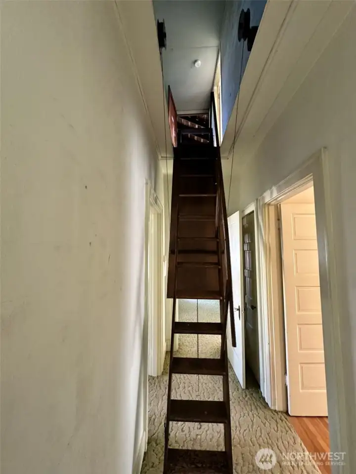 Pull-down stairs leading to sizeable attic
