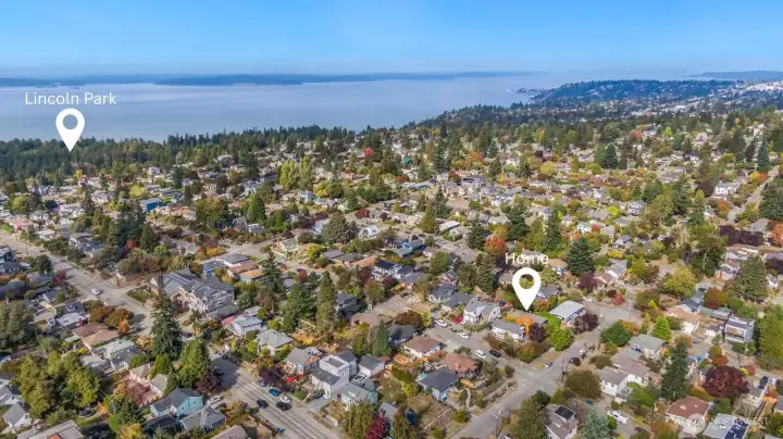 This drone shot shows the house in the lower right corner, and the proximity to the water and Lincoln Park in the upper left corner.