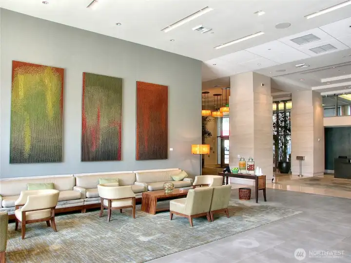 This Westin Hotel lobby is located next door to One Lincoln Tower's lobby. You can even get room service delivered from the Westin!