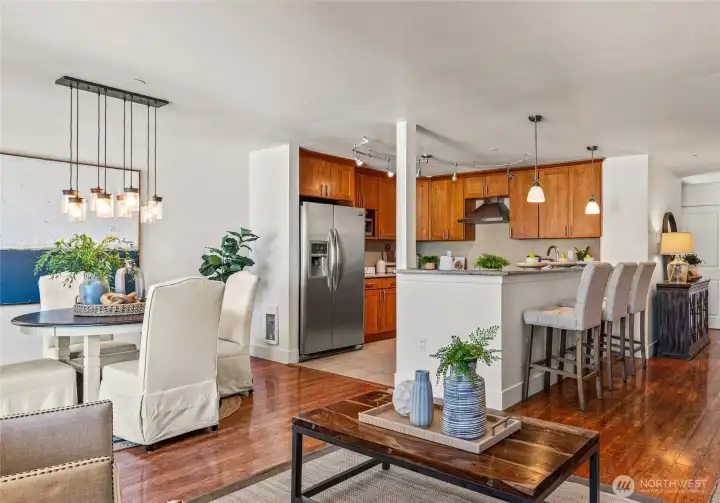 The kitchen offers a breakfast bar for extra seating
