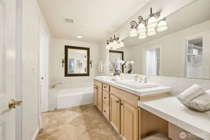 Primary bath with a vanity counter and luxurious bath.