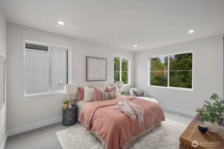 Master bedroom fits a king size bed and plenty of windows for natural light. Master bedroom fits a king size bed and plenty of windows for natural light.