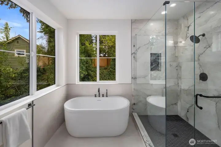 Soaking tub and oversized shower make the master bathroom complete. Soaking tub and oversized shower make the master bathroom complete.