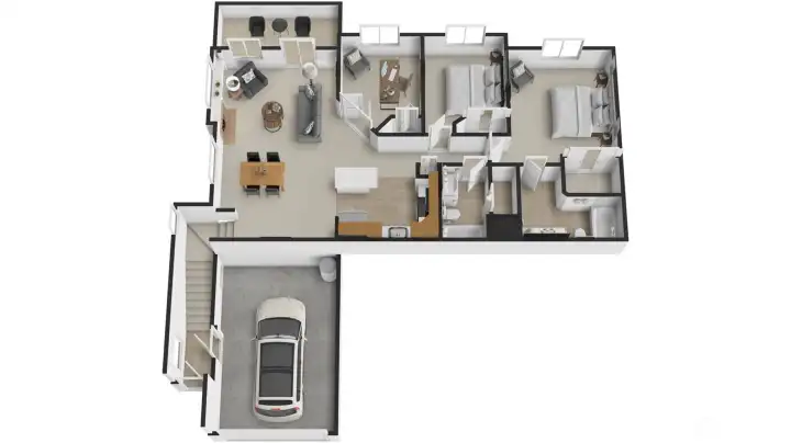 This three-dimensional view brings the floor plan to life, showcasing the open-concept living space, generous primary suite with walk-in closet, and well-placed bedrooms. It's an easy way to picture how the home truly lives.