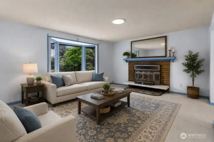 Spacious living room with brick fireplace. *Virtually staged* Spacious living room with brick fireplace. *Virtually staged*