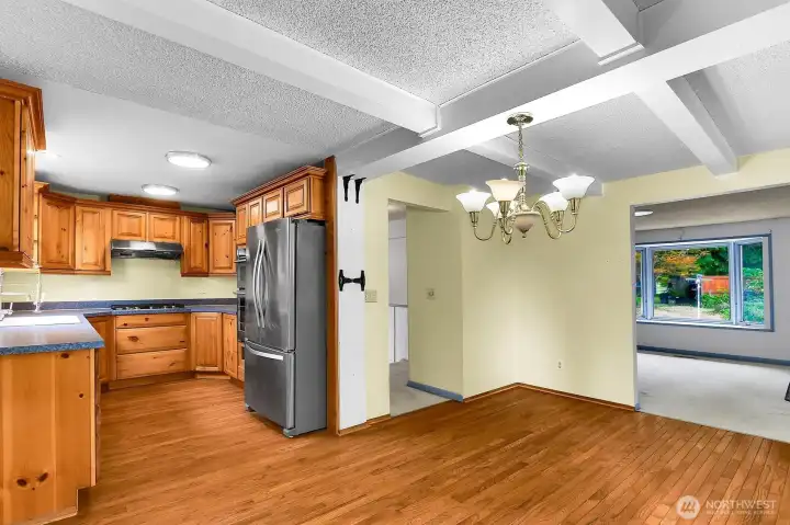 Hardwood floors in kitchen and dining room. Hardwood floors in kitchen and dining room.