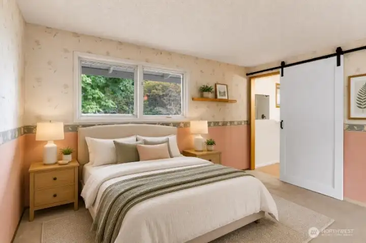 Primary bedroom has an attached 3/4 bath with a barn door! *Virtually staged* Primary bedroom has an attached 3/4 bath with a barn door! *Virtually staged*
