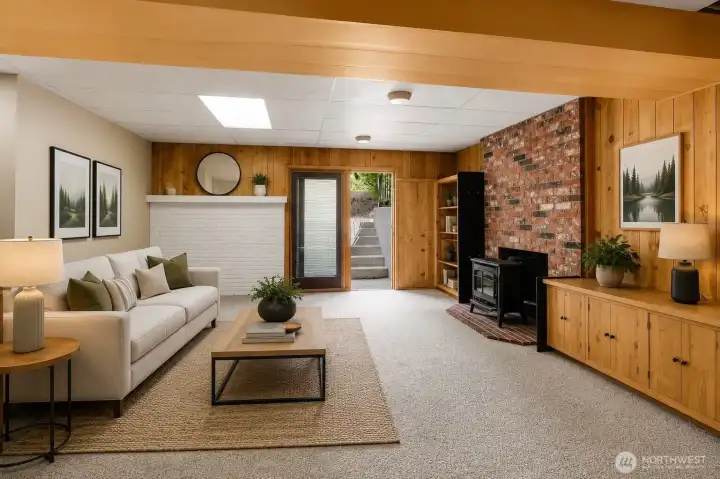 Large rec room on the lower floor with a beautiful brick fireplace, and access to the back yard. *Virtually staged* Large rec room on the lower floor with a beautiful brick fireplace, and access to the back yard. *Virtually staged*