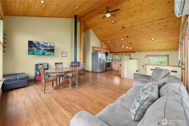 Freestanding wood stove adds cozy ambiance and efficient heating