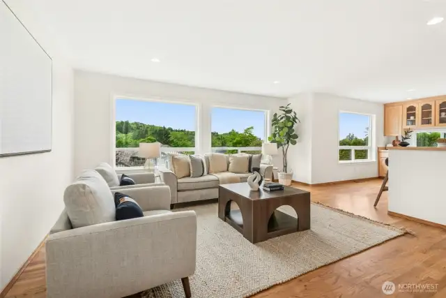 Main Floor Family room and Kitchen, Sunny Southern Facing Windows with view of Newcastle Golf Course