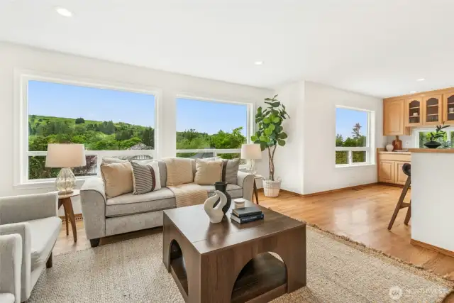 Main Floor Family room and Kitchen, Sunny Southern Facing Windows with view of Newcastle Golf Course