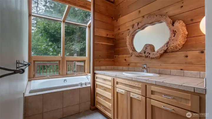 Soaking tub and shower behind me.