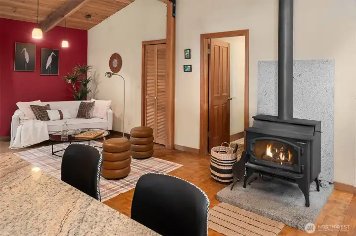 Family room/ flex space with wood burning stove.