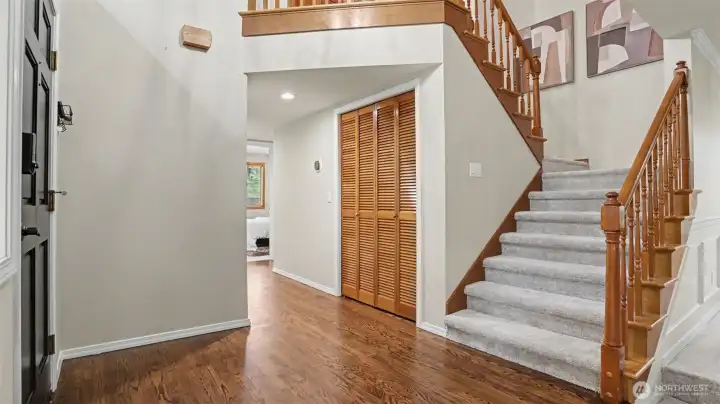 Refinished original hardwood flooring on the main floor, and new carpet on the upper floor.