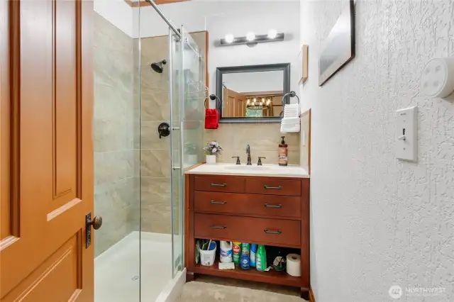 This is the Bathroom for Unit C. Large Tiled shower & tile floors.